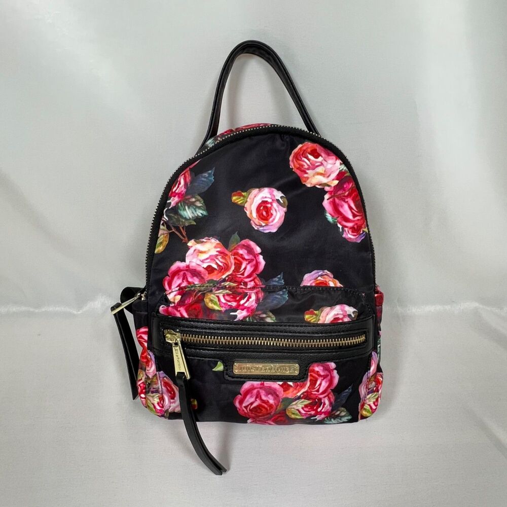 Juicy Couture Whimsy Goth Black Floral Rose Nylon Mini Backpack Gold Logo